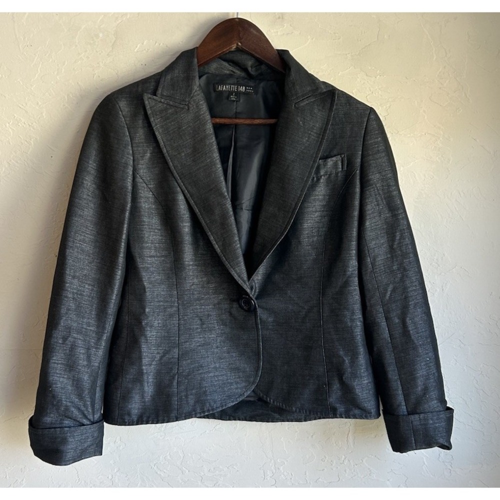 Lafayette‎ 148 Single Button Blazer 2 Linen Viscose Charcoal Luxury Minimalist